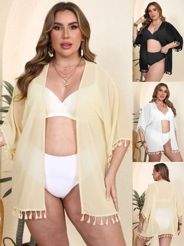 Damen Plus Size Chiffon Strandüberwurf Quasten Einfarbig Kimono Strickjacke Sonnenschutz Badebekleidung Für Den Sommerurlaub