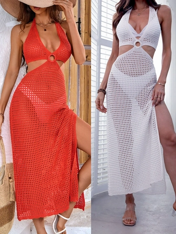 Sexy Vestito da Spiaggia all'Uncinetto con Scollo all'Americana O-Ring Spacco Alto Senza Schienale Copricostume Maxi in Maglia