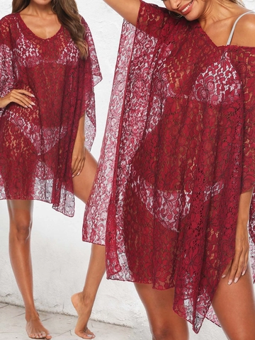 Damen Sexy Transparente Spitze Strand Cover-up V-Ausschnitt Blumen Häkeln Fledermausärmel Weinrot Bikini Kleid Sommer Urlaub