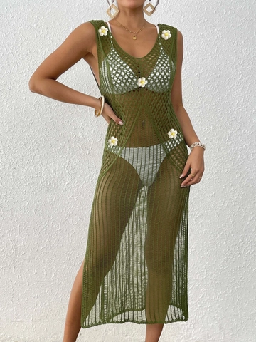Damen Häkeln Durchbrochenes Strand Cover Up Kleid Gänseblümchen Ärmellos V Ausschnitt Seitenschlitz Bikini Überzug Sommerurlaub