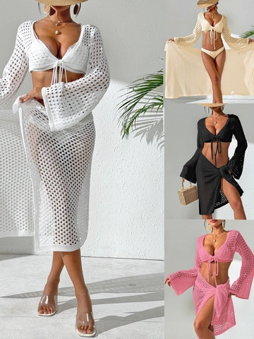 Copricostume da Spiaggia in Crochet Traforato da Donna Top Corto a Maniche Lunghe con Scollo a V e Gonna a Portafoglio Boho