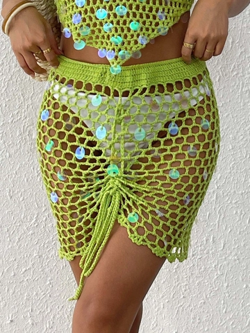 Damen Häkeln Pailletten Zweiteiler Strand Cover Up Ausschnitt Oberteil Und Kordelzug Rock Irisierende Urlaub Outfit