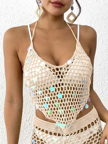 Women Sexy Hand Crochet Sequin Halter Bikini Top Beach Cover Up Bohemian Hollow Out Sequined Knit Camisole Summer Vacation