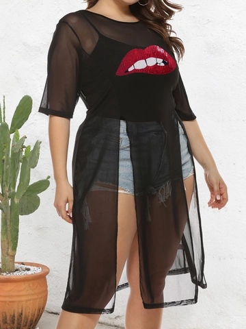 Women Plus Size Sexy Mesh Long T-Shirt With Leopard Red Lip Print Perspective Split Hem Summer Beach Cover Up Top