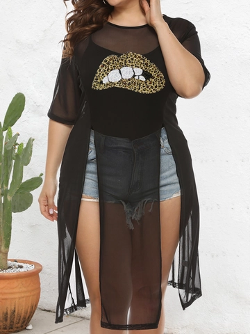 Damen Plus Size Sexy Transparent Mesh Longshirt Cover Up Seitlicher Schlitz Pailletten Lippen Kurzarm Strand Club Top