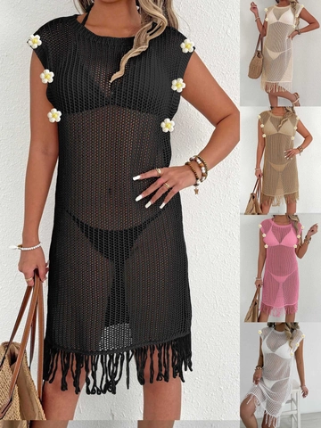 Women Crochet Beach Cover Up Dress Hollow Out Tassel Hem Daisy Flower Applique Sleeveless Summer Bikini Swimsuit Swimwear Top