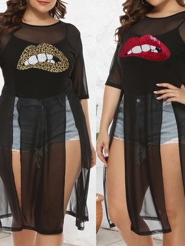 Damen Plus Size Sexy Transparent Mesh Longshirt Cover Up Seitlicher Schlitz Pailletten Lippen Kurzarm Strand Club Top