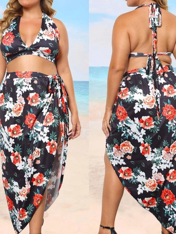 Talla Grande Conjunto de Dos Piezas de Playa Con Top de Bikini Halter Con Estampado Floral Y Falda Envolvente Irregular Mujer