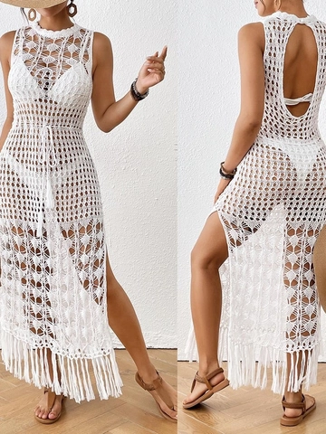 Women Casual Crochet Hollow Floral Beach Cover Up Dress Drawstring Tassels Sleeveless Side Slit Maxi Dress Holiday Wear