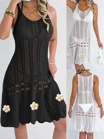 Women Crochet Hollow Out Halter Mini Dress Sleeveless Floral Patchwork Beach Cover Up Vacation Polyester Sundress