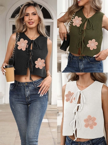 Top Court en Tricot pour Femmes Broderie Florale Gilet à Lacets Devant Cardigan Sans Manches Y2K Vintage Tricot Décontracté