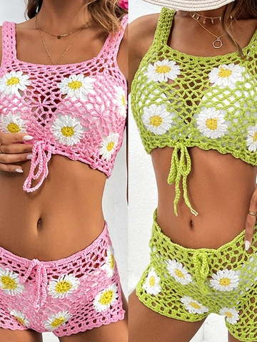 Set Top e Pantaloni da Donna all'Uncinetto con Margherita Maglia Traforata per Spiaggia e Vacanze
