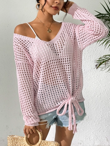 Women V Neck Hollow Out Crochet Knit Cover Up Top Bow Tie Long Sleeve Pullover Loose Polyester Sweater For Beach Vacation