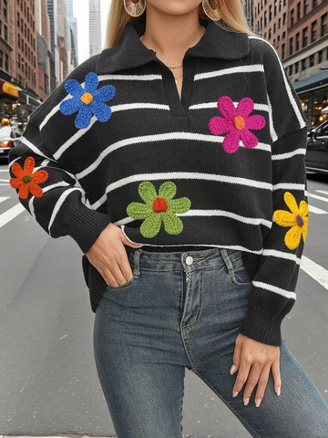 Suéter de Punto a Rayas Vintage para Mujer Cuello Polo Manga Larga con Parches de Flores de Ganchillo 3D de Colores Top