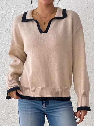 Dames Casual Contrast Kleurvlak Polokraag Gebreide Trui Lange Mouw Pullover Zachte Machinaal Geweven Tops Herfst Winter