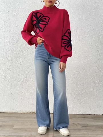 Women's Autumn Winter Retro Floral Embroidered Sweater Mock Neck Lantern Sleeve Chenille Pullover Knitwear Top Casual Loose Jumper