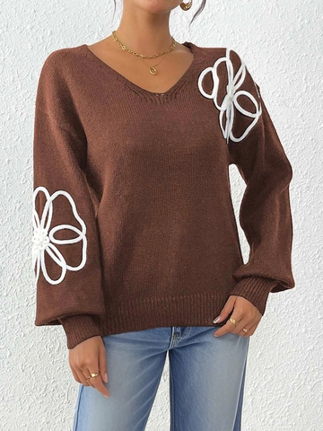 Pull Décontracté pour Femmes avec Col en V et Applique de Fleurs en Corde 3D Broderie Irrégulière Pull en Tricot à Manches Longues