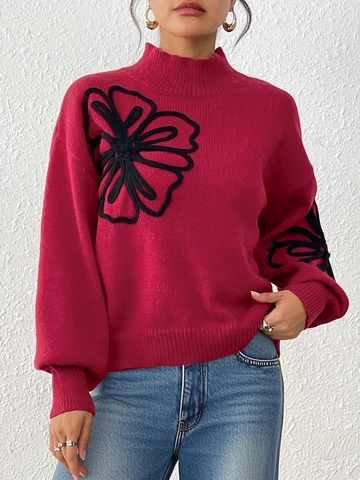 Pull Femme Broderie Ruban Fleurs Col Montant Manches Lanterne Tricot Épais Manches Longues Décontracté Streetwear Haut