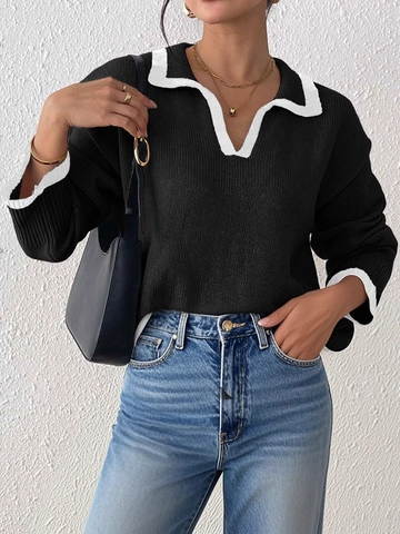 Women Contrast Color Trim Polo Collar Pullover Sweater Long Sleeve Casual Patchwork Soft Knit Top Streetwear Autumn Winter