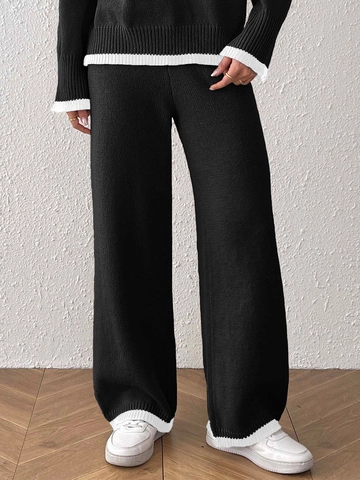 Damen Casual Strick Kontrastfarbe Hohe Taille Weites Bein Hose Lose Gerade Weiche Polyester Strickhose Mode Unterteile