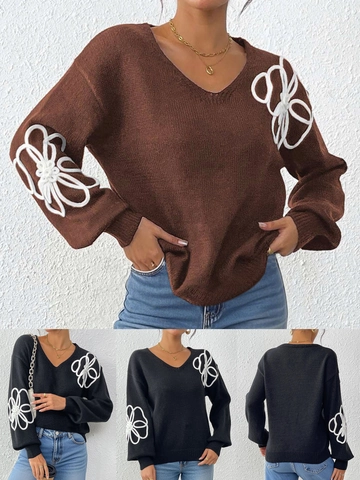 Pull Décontracté pour Femmes avec Col en V et Applique de Fleurs en Corde 3D Broderie Irrégulière Pull en Tricot à Manches Longues