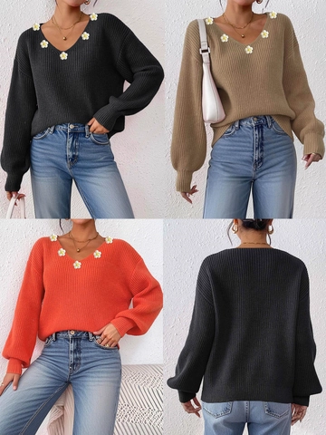 Pull en Maille Large à Col en V pour Femme avec Patchwork de Pâquerettes au Crochet Manches Lanterne Vêtements Chauds Automne Hiver