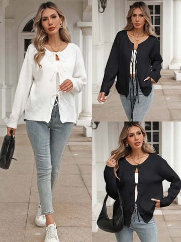 Damen Casual Schnürung Schleife Strickjacke Langarm Einfarbig Streetwear Polyester Strickoberteil Außenbekleidung Jacke