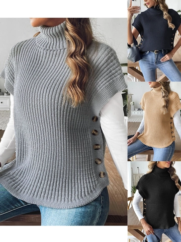 Chaleco de Punto de Cuello Alto para Mujer Botones Laterales Suéter de Canalé Sin Mangas Top Pullover Color Sólido Casual