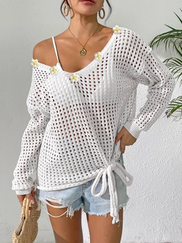 Pull Femme Col en V Ajouré Crochet Tricot Applique Marguerite Ourlet à Lacets Pullover Manches Longues Boho Streetwear Top