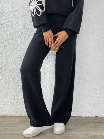 Ensemble Pull en Tricot et Pantalon Jambe Large pour Femme Casual Manches Longues Col Rond Broderie Florale Automne Hiver