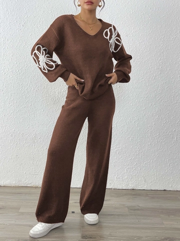 Damen Blumen Stickerei Strickpullover Und Weite Hose Set V-Ausschnitt Langarm Pullover Trainingsanzug Zweiteiler Outfits