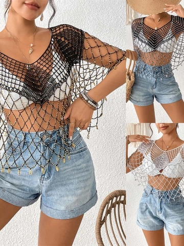 Damen Boho Häkeln Hohl Strand Cover Up Mit Perlen Strass Netz Quaste Cape Schal Für Bikini Bademode Party