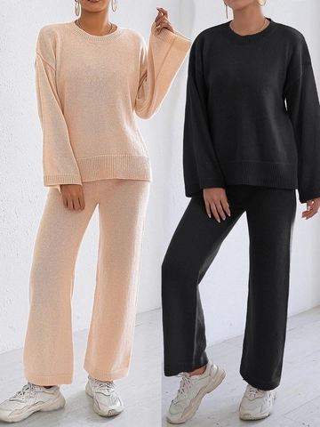 Ensemble Casual en Maille pour Femmes Pull Et Pantalon Col Rond Manches Longues Couleur Unie Jambes Larges Tenue d'Hiver