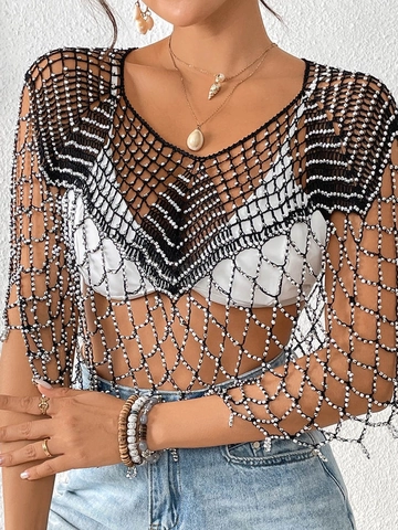 Damen Boho Häkeln Hohl Strand Cover Up Mit Perlen Strass Netz Quaste Cape Schal Für Bikini Bademode Party