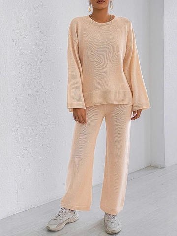 Ensemble Casual en Maille pour Femmes Pull Et Pantalon Col Rond Manches Longues Couleur Unie Jambes Larges Tenue d'Hiver