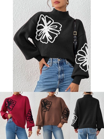 Pull Femme Broderie Ruban Fleurs Col Montant Manches Lanterne Tricot Épais Manches Longues Décontracté Streetwear Haut