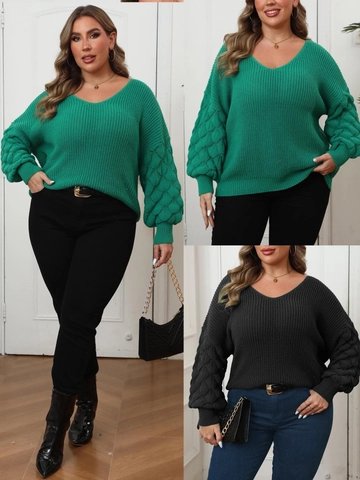 Plus Size Women V Neck Knit Sweater Lantern Long Sleeve Textured Pullover Top Warm Solid Color Winter Jumper