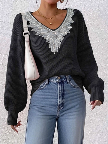 Maglione da Donna con Scollo a V e Patchwork di Ali di Paillettes Maglieria a Maniche Lunghe Ampia Pullover Casual alla Moda Caldo
