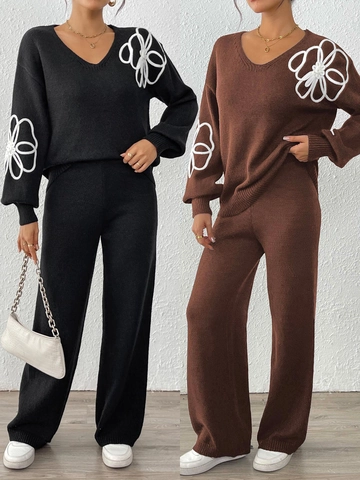 Damen Blumen Stickerei Strickpullover Und Weite Hose Set V-Ausschnitt Langarm Pullover Trainingsanzug Zweiteiler Outfits