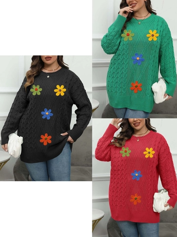 Maglione da Donna Taglie Forti a Trecce Con Patchwork di Fiori all'Uncinetto 3D Girocollo Manica Lunga Pullover Comodo