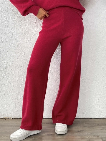 Damen Casual Strick Zweiteiler Blumenstickerei Rundhals Pullover und Hohe Taille Weites Bein Gerade Hose Winter Outfit