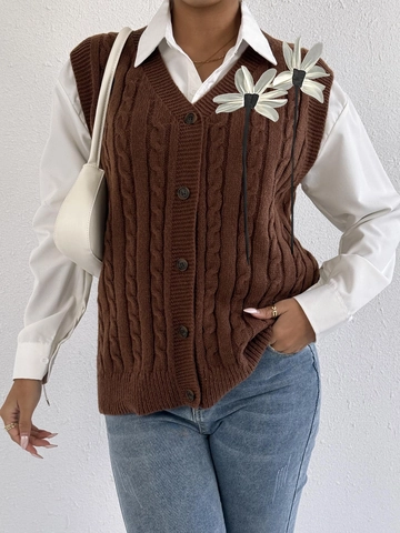 Damen V-Ausschnitt Zopfmuster Weste Ärmellos Strickjacke Mit 3D Blumen Dekoration Einreihig Lässig Top