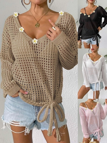 Pull Femme Col en V Ajouré Crochet Tricot Applique Marguerite Ourlet à Lacets Pullover Manches Longues Boho Streetwear Top