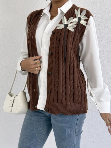 Women Casual Cable Knit Vest V Neck Button Down Cardigan Sweater Sleeveless Top With 3D Mesh Flower Patchwork Winter Autumn Outwear