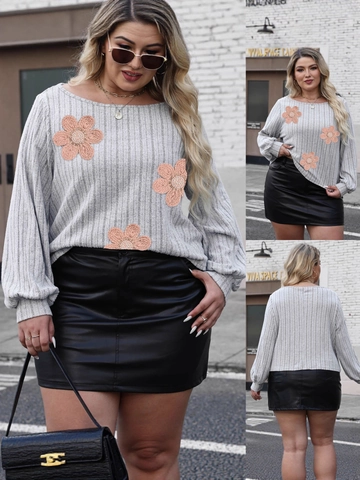 Damen Übergröße Casual Grau Geripptes Langarm T-Shirt Mit Bestickten Blumen Patchwork Rundhals Locker Top