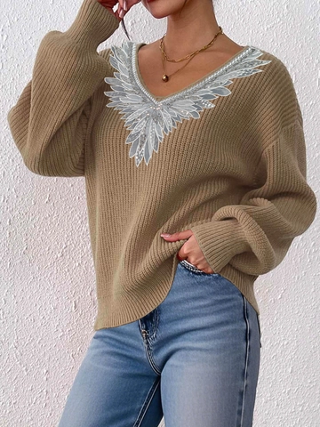 Women V Neck Lace Sequin Patchwork Long Sleeve Sweater Soft Deer Velvet Plush Knit Pullover Casual Fashion Jumper Jumper Top