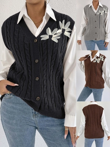 Damen V-Ausschnitt Zopfmuster Weste Ärmellos Strickjacke Mit 3D Blumen Dekoration Einreihig Lässig Top