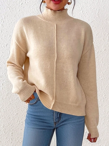 Suéter de Pulóver Casual de Cuello Cisne Medio para Mujer Top de Punto Manga Larga Ribete Acanalado Color Sólido Moda Otoño Invierno