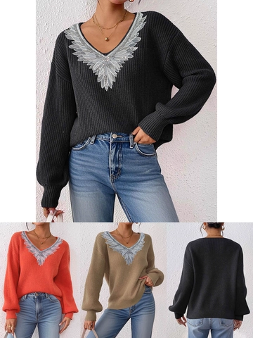 Maglione da Donna con Scollo a V e Patchwork di Ali di Paillettes Maglieria a Maniche Lunghe Ampia Pullover Casual alla Moda Caldo