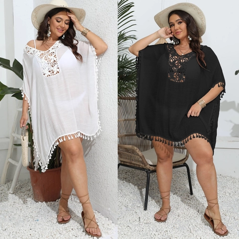 Copricostume da Spiaggia Donna Taglie Forti con Uncinetto Traforato e Nappine Sexy Scollo a V Bikini Allentato Accappatoio Protezione Solare